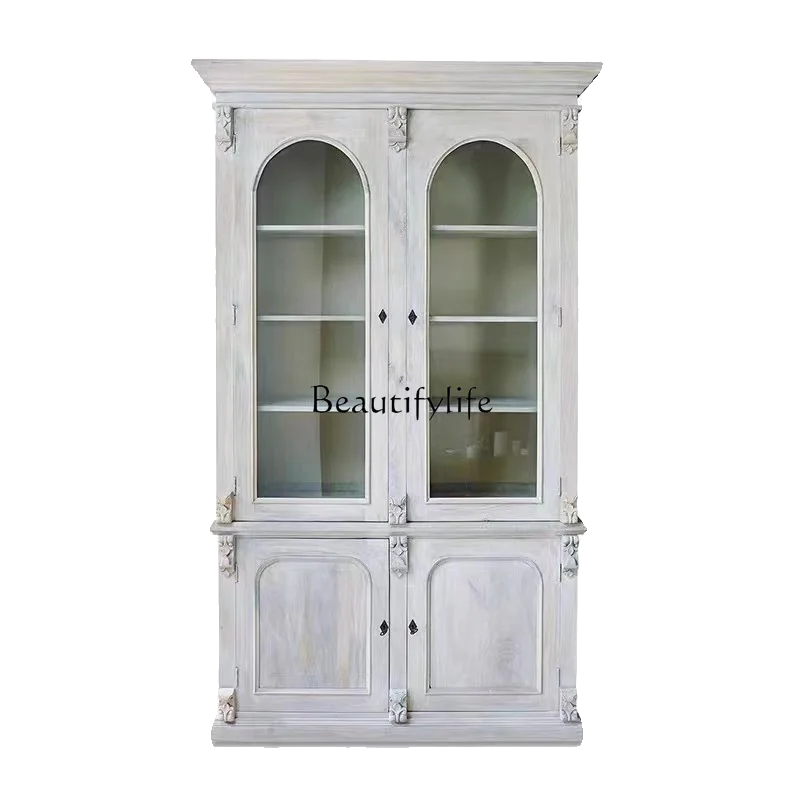 

French retro old solid wood dining side cabinet American country carved double door wardrobe