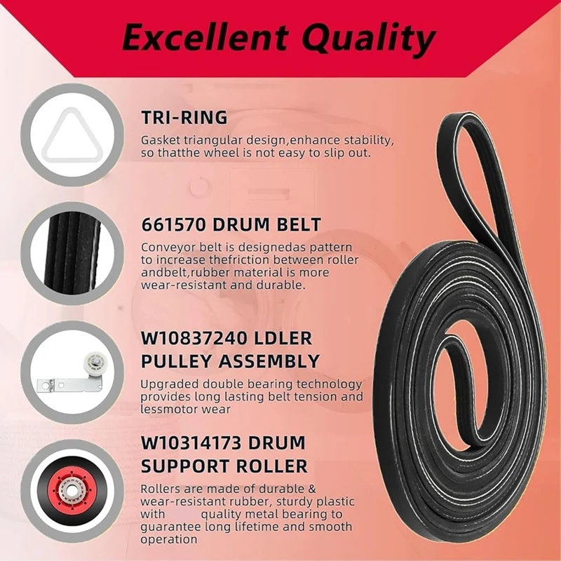 4392067 Dryer Repair Kit And W10837240 Dryer Idler Pulley Kit Include WPW10314173 Rollers & 661570V Belt & 279640 Pulley