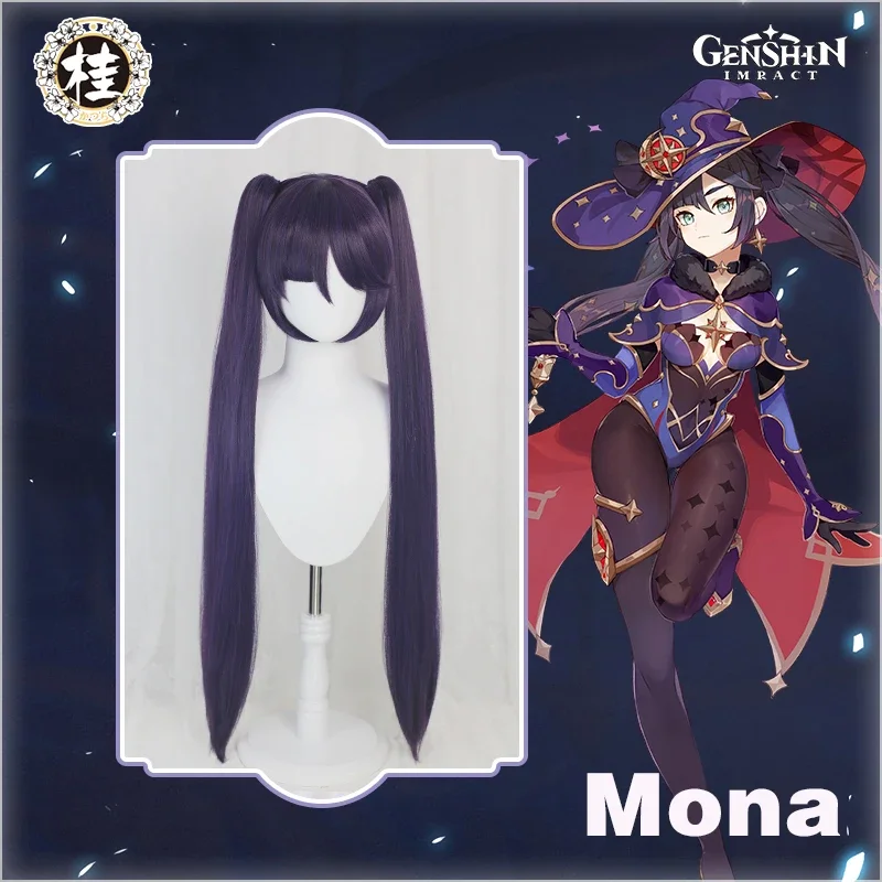 Mona Megistus Cosplay Wig Game Genshin Impact Cosplay Astral Reflection 90cm Purple Twin Tail Wig Heat Resistant