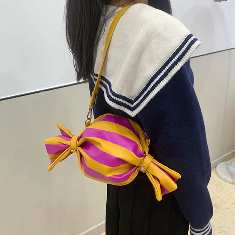 

Женская сумка из искусственной кожи в стиле пэчворк на молнии, милый кошелек конфетной формы, полосатый Kawaii, персонализированная повседневная сумка на плечо с рюшами большой вместительности