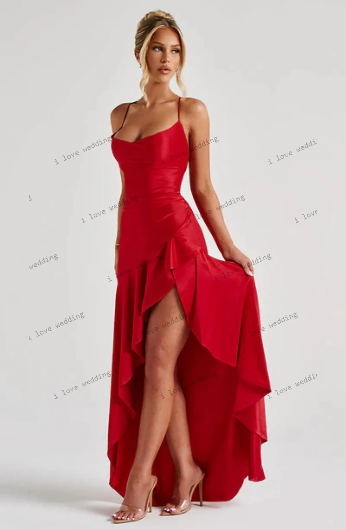Prom Dresses 2025 Red Wedding Party Dress For Woman Spaghetti Strap Memaid Ruffles Elegant Backless Sexy Criss-Cross Customized