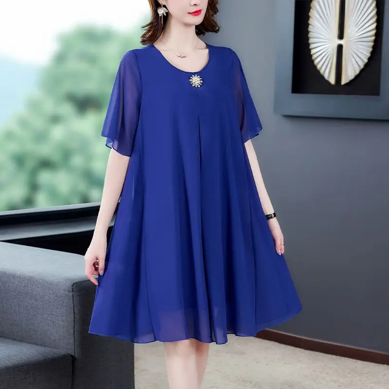 Fashion O-Neck Solid Color Loose Folds Beading Mini Dress Women's Clothing 2024 Summer New Oversized Office Lady Princess Dress