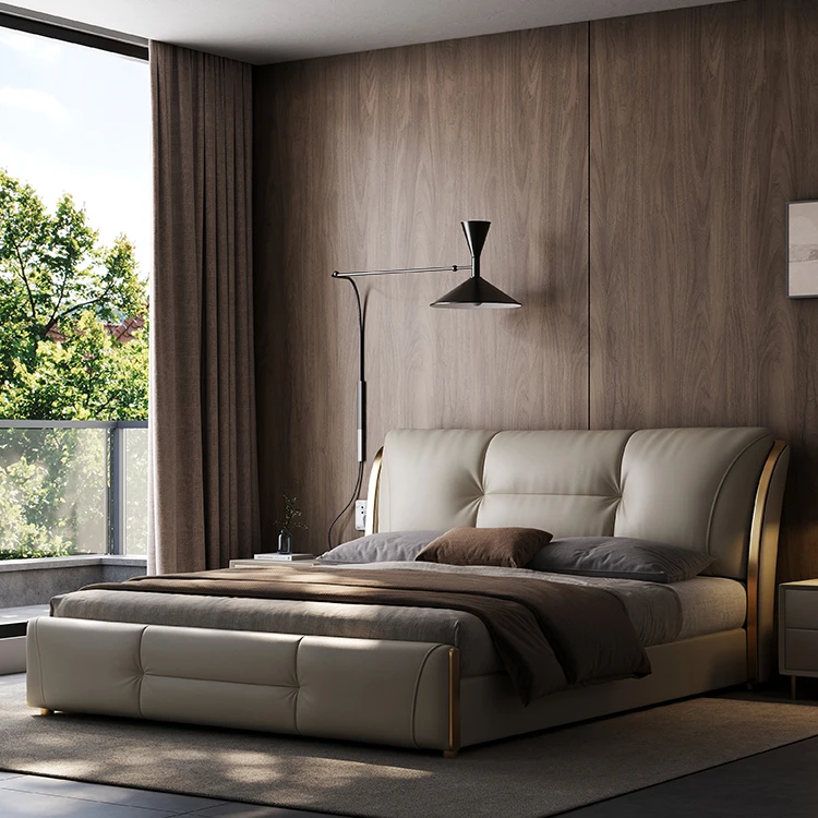 # Leather Upholstered Bed, Streamlined Curved Headboard Design with Button-Tufted Craft & Contemporary Vibe