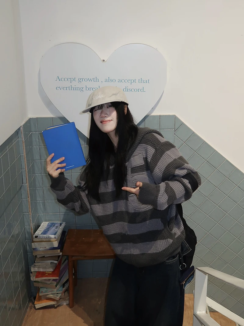 

Autumn Winter Women's Loose Fit Hooded Cardigan Sweater Stripe Embroidery Casual Sle Long Sve Thermal Top by TRYPE22