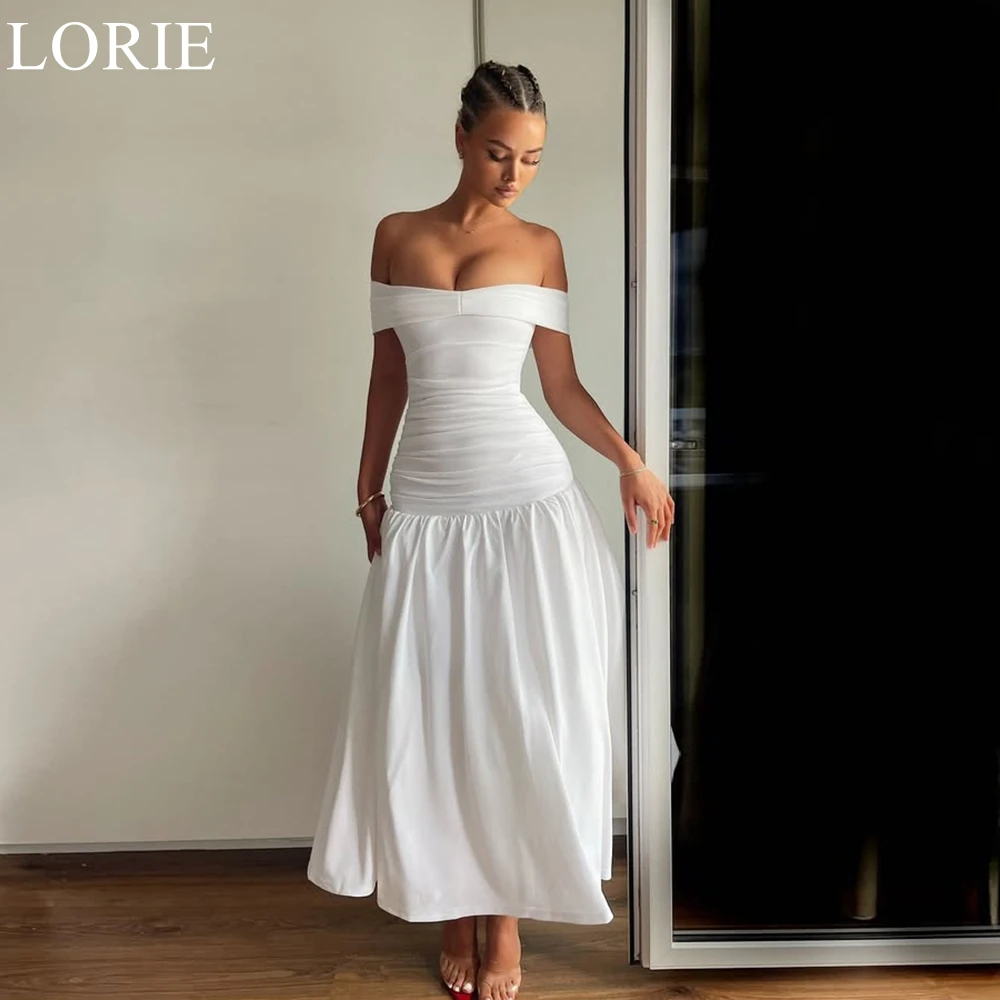 

LORIE Simple Satin Wedding Dresses A-Line Off Shoulder Pleated Draped Ankle Length Bride Prom Gown 2025 Bridal Gowns Customized