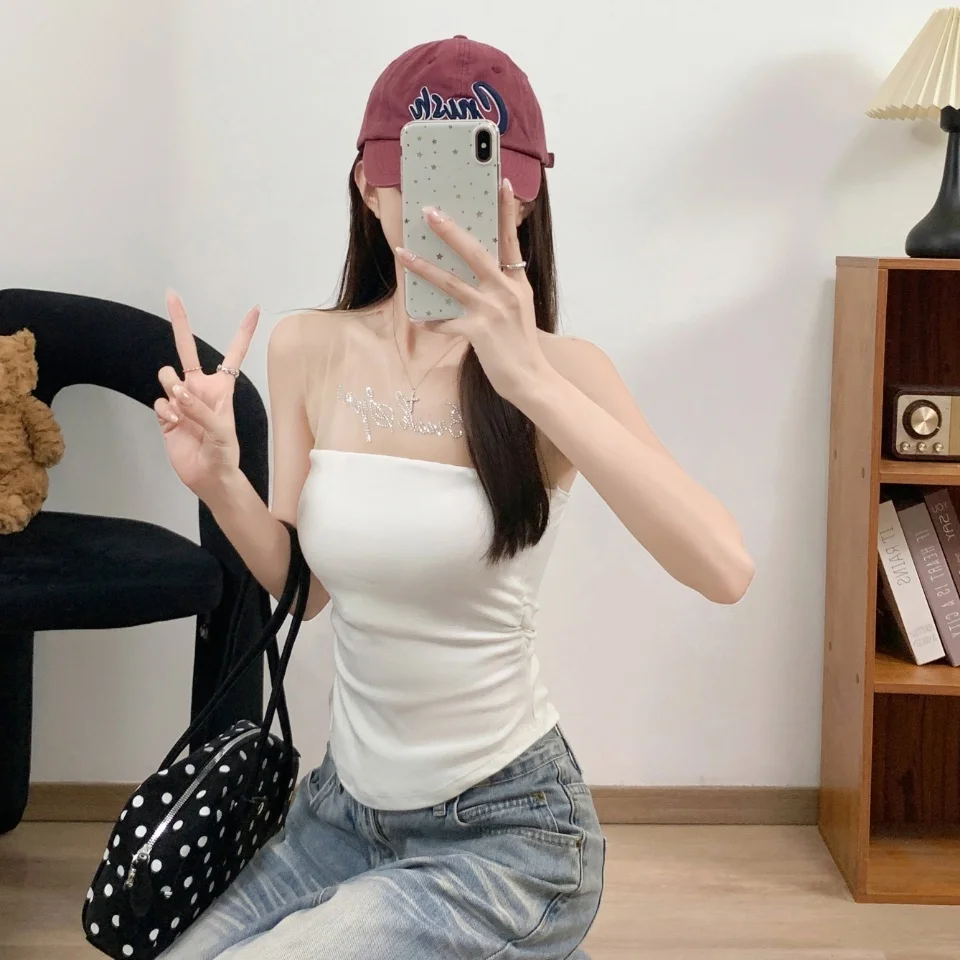 Summer New Style Spicy Girl Mesh Sequin Letter Splice Pleated Vest Women's Slim One-Piece with Chest Pad Top U-Neck Short Length