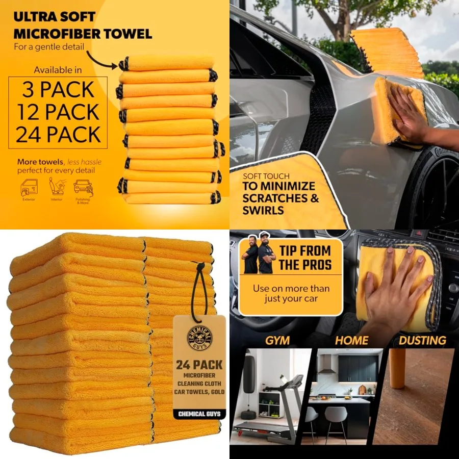 

Professional Grade Premium Microfiber Towels for Cars, Gold, 16" x 16", Ultra-Soft and Scratch-Free Car Detailing Cloths for Trucks, Motorcycles, and More - 24 Pack