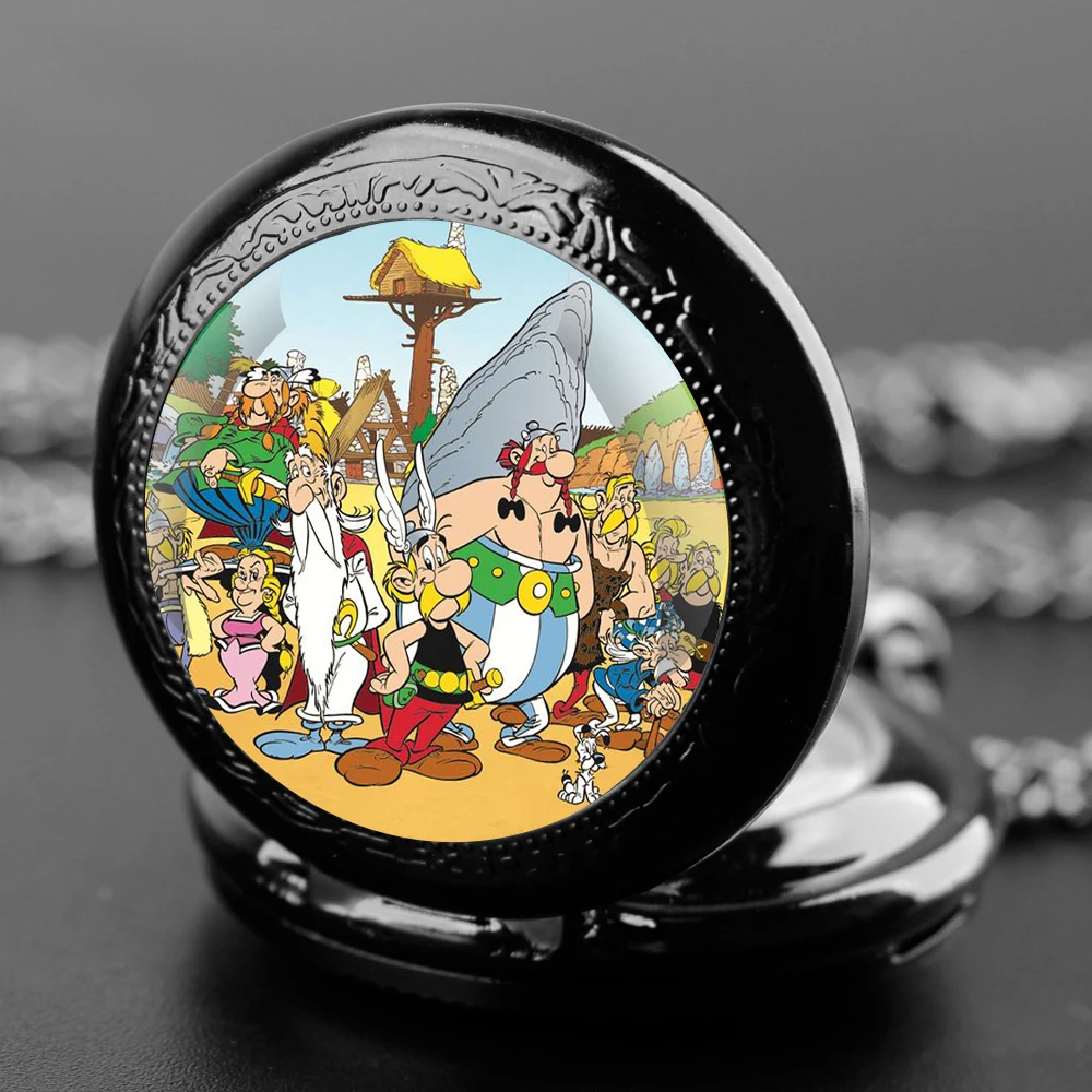 Asterix Glass Dome Vintage Arabic Numerals Quartz Pocket Watch Necklace Pendant Clock Chain Men Women for Anime Lover