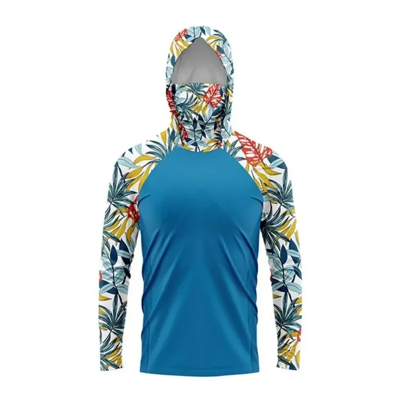 Men Mixed Pattern 3D Print Hooded Fishing Shirt Polyester Long Sleeve UV Sun Top With Built In Face Cover