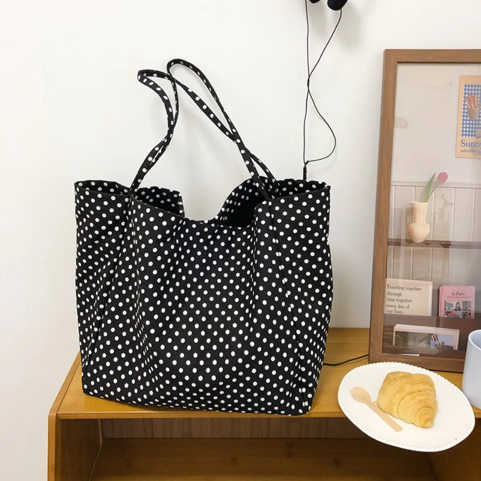 

Hot Selling Retro Casual Polka Dot Canvas Women's Shoulder Bag Fashionable Practical Large Capacity Casual Tote shopping