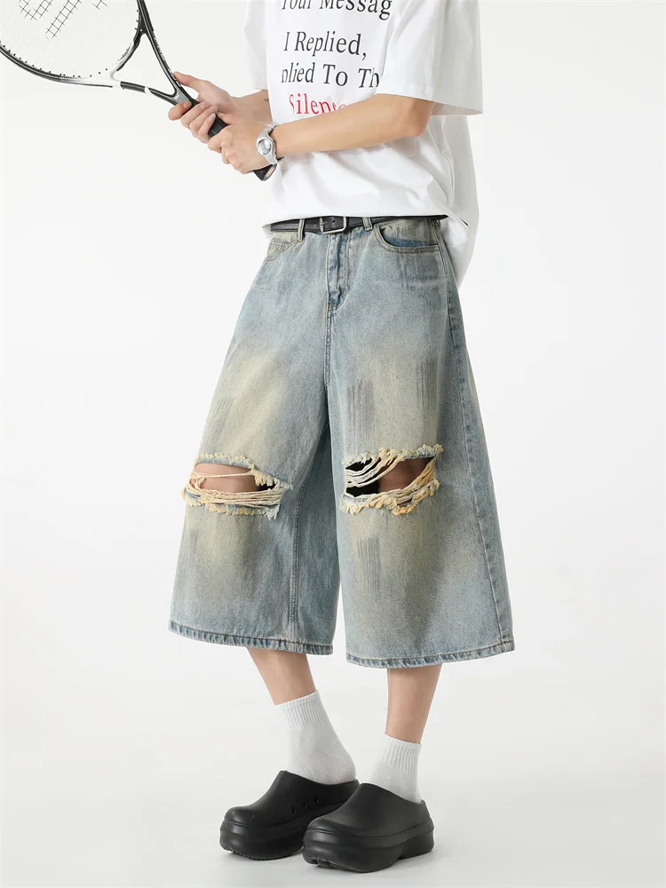 

Ripped Straight Leg Seven-Foot Men's Casual American Vintage Waed Loose Wide Leg Mid-Pants Summer orts Youth Faion