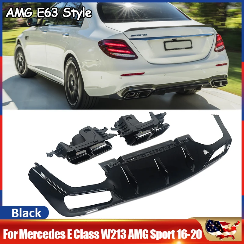 Für Mercedes-Benz W213 AMG E63 Style E200 E300 E250 E400 2016-2020 Carbon-Heckdiffusor mit Auspuffblenden in Hochglanz-Schwarz
