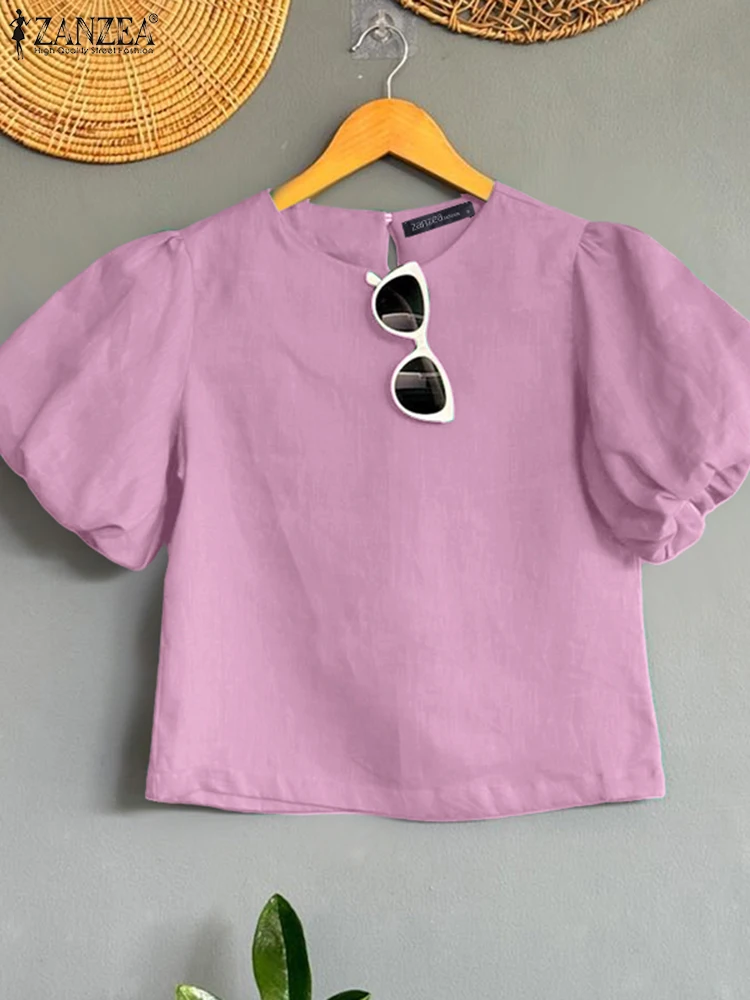 

ZANZEA Street Fashion Women Blouses Elegant Chic Round Neck Puff Sleeve Cotton Linen Blusas Mujer Everyday Casual Solid Tops