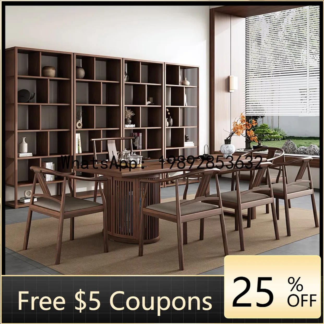 

Z2 New Chinese Style Black Walnut Classic Tea Table and Chair Set Solid Wood Elm Office Modern Simple Tea Table Tea Room