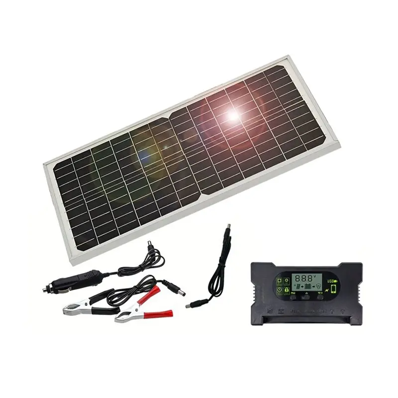 

A99E-IP65 Water-Resistant 12V Dual Solar Panel Kit 30W Power For Indoor& Outdoor Use Portable Solar Power System