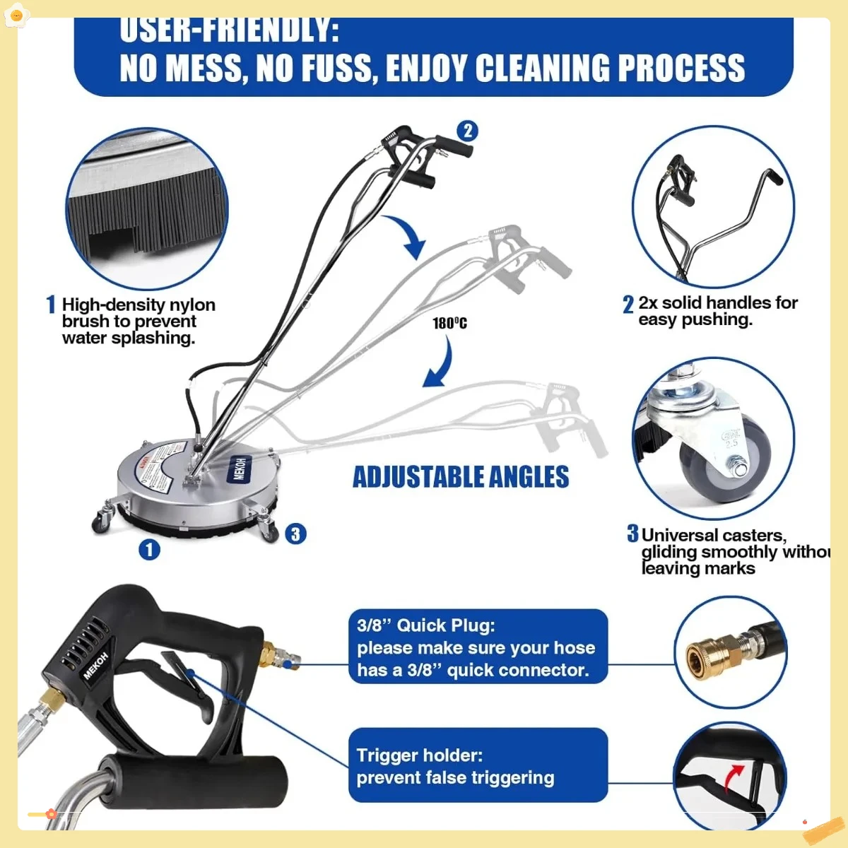Accesorio limpiador de superficies para lavadora a presión con ruedas, accesorio de lavadora eléctrica de acero inoxidable para limpieza de terraza, patio y acera