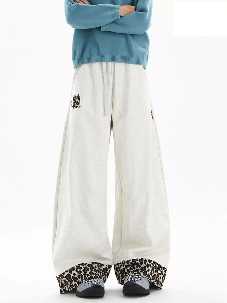 Women's Leopard Print Splicing Design Sweatpants Wide Leg Trousers Vintage Spring Cool Girl Female High Waisted Baggy Pants