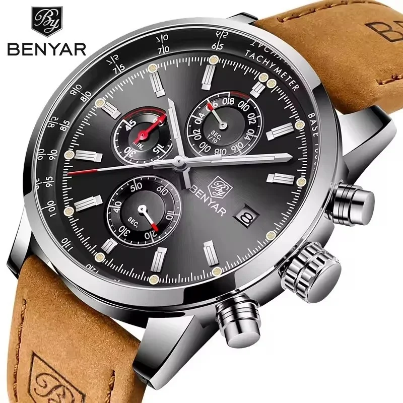 BENYAR 5102 Top Brand Men's Quartz Watch, Luxury Chronograph Sports Wristwatch, Ideal Gift for Men, Men's Watch, Men's Clock