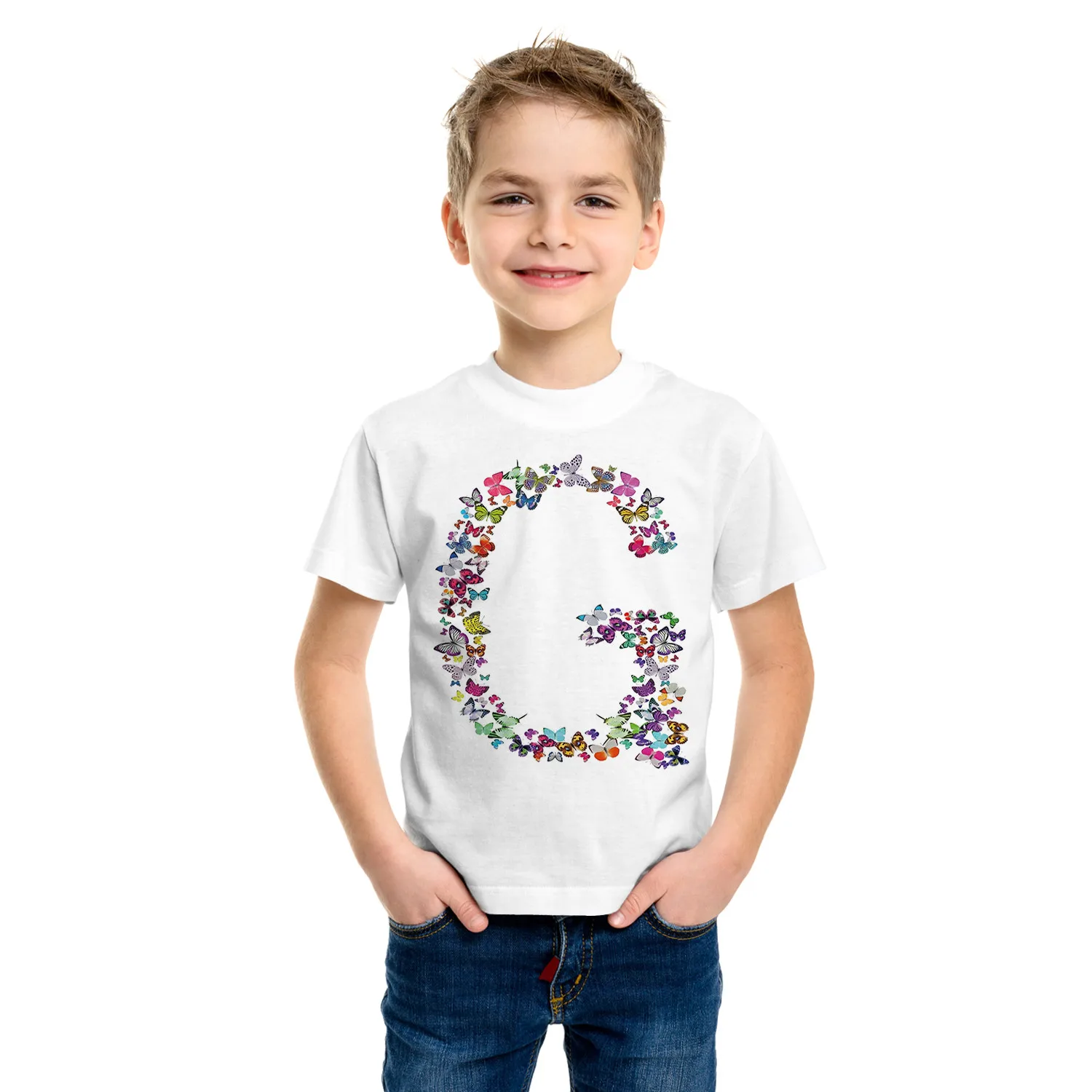 T-Shirt à Manches Courtes pour Enfant, Vêtement à Motif de Lettres Papillon Kawaii, Dessin Animé, Décontracté, pour Fille et Garçon