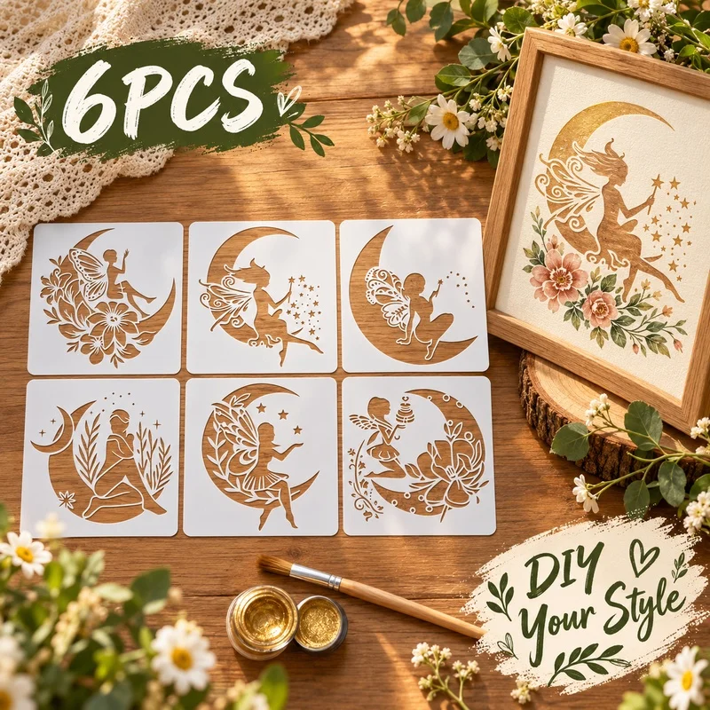 6Pcs Fairy Moon Stencils Reusable PET Stencils for Painting Floral Craft Templates Wall Wood Fabric Card Scrapbook DIY Decor