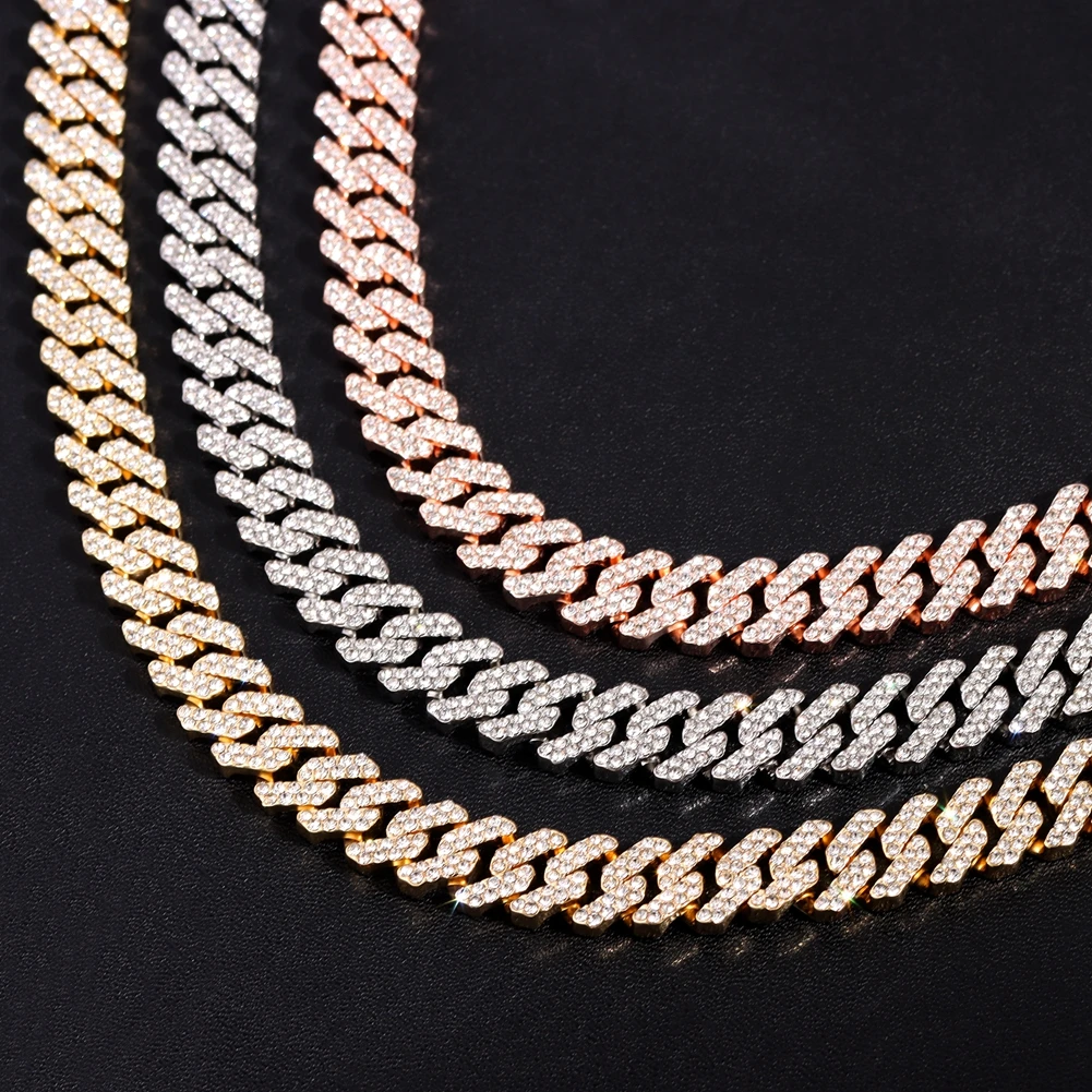 12MM Rose Gold Color Miami Cuban Link Chain Necklace Iced Out Bling Rhinestone Cuban Choker Necklace Women Men Hip Hop Jewelry