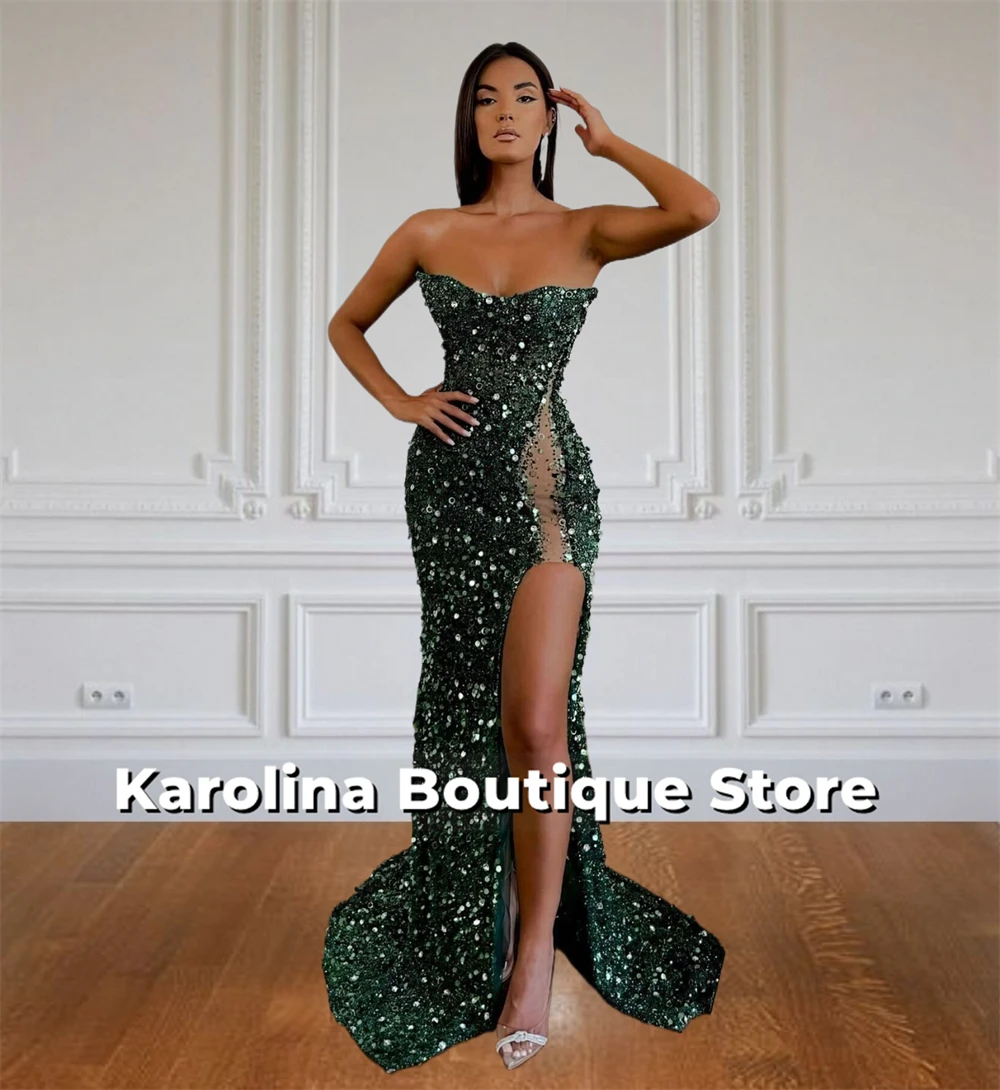 Alluring Green Strapless Dubai Evening Dresses Mermaid Split Beads Crystal Luxury Dress Woman 2025 robes de soirée Customized