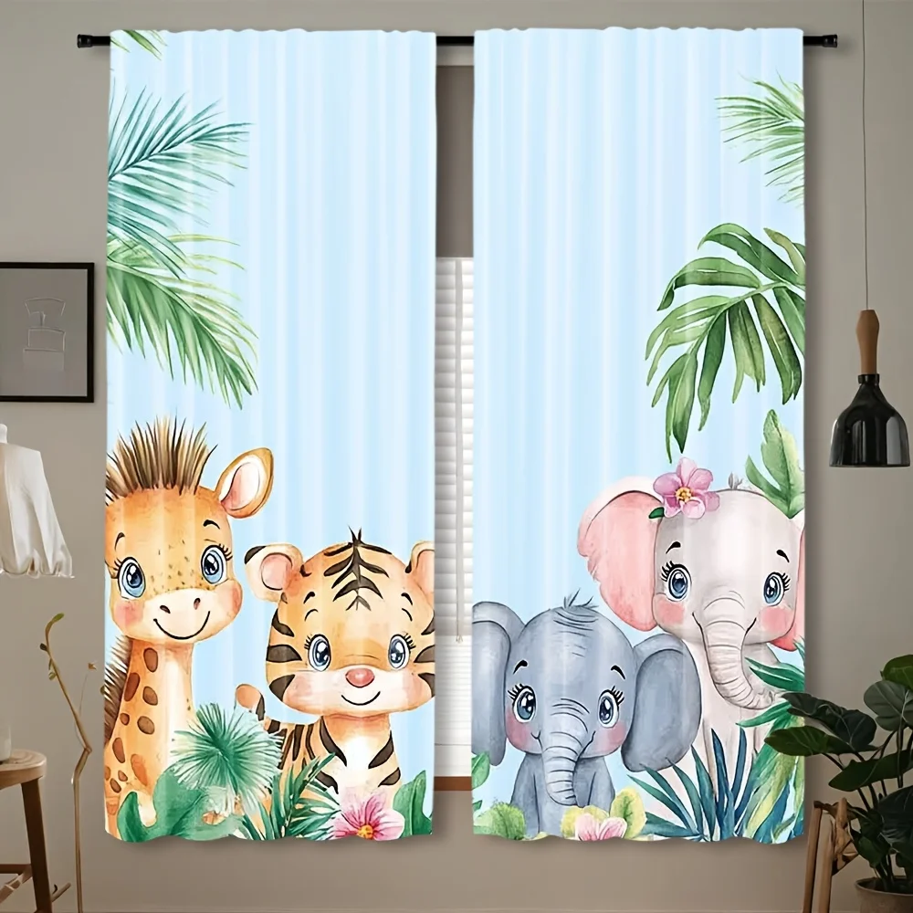 Cute Jungle Animal Blackout Rod Pocket Curtain Watercolor Giraffe Tiger Elephant Palm Leaf Print Kids Living Bedroom Window
