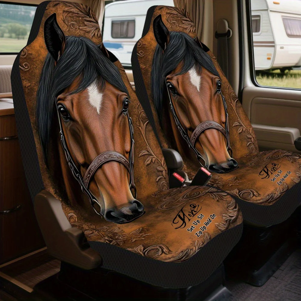 2pcs Car Seat Covers Set, Horse And Floral Swirls Print, Elegant Vehicle Seat Covers. Fits Work Commutes, Holiday Suburban Trip