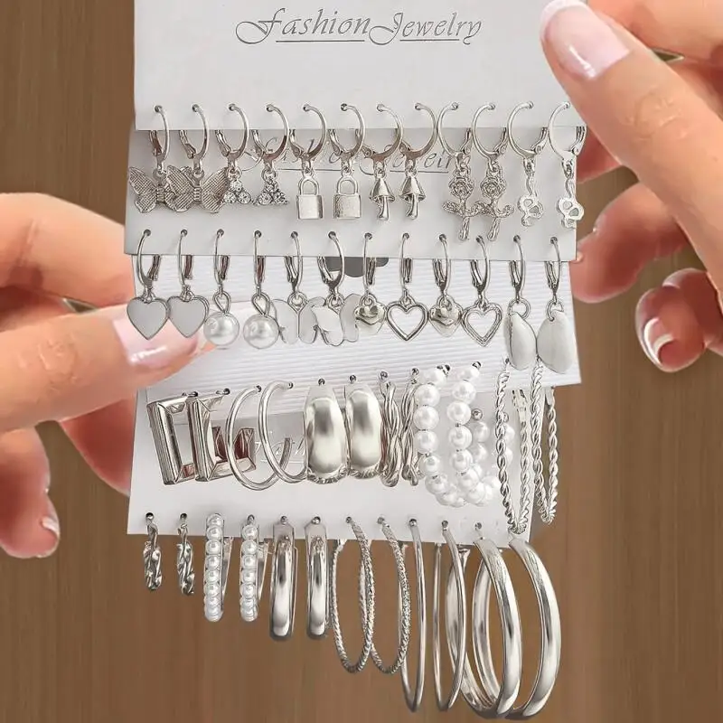 24 Pairs Golden Earrings Set, Trendy Butterfly & Heart Drop Earring Multipack, Alloy Hoop & Pearl Earrings Combo for Women