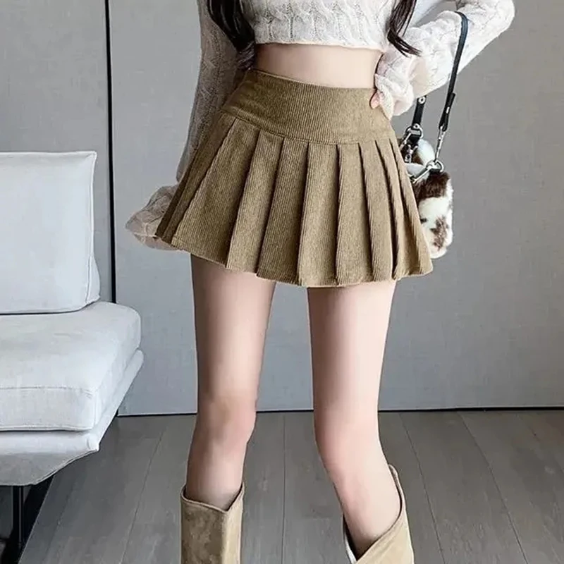 Zoki Corduroy Women Pleated Skirt Y2K High Waist Korean Casual Mini Skirts Femme Vintage Preppy Style Sweet A Line Skirts New