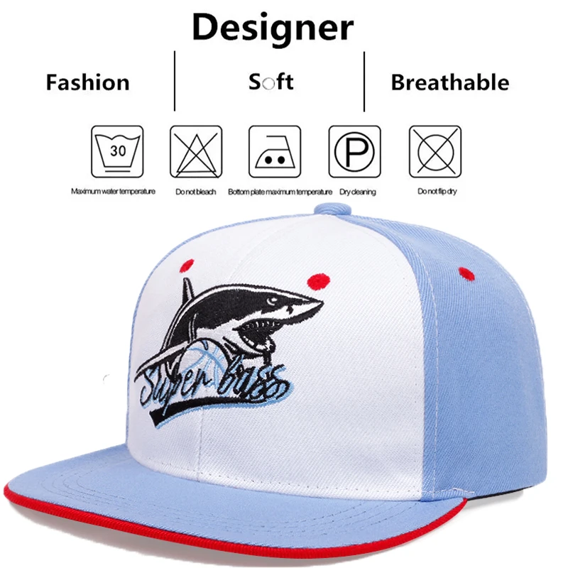 Shark Embroidered Baseball Cap For Men Fashion Snapback Cap Hip Hop Flat Brim Hat Sun Visor Cap For Women