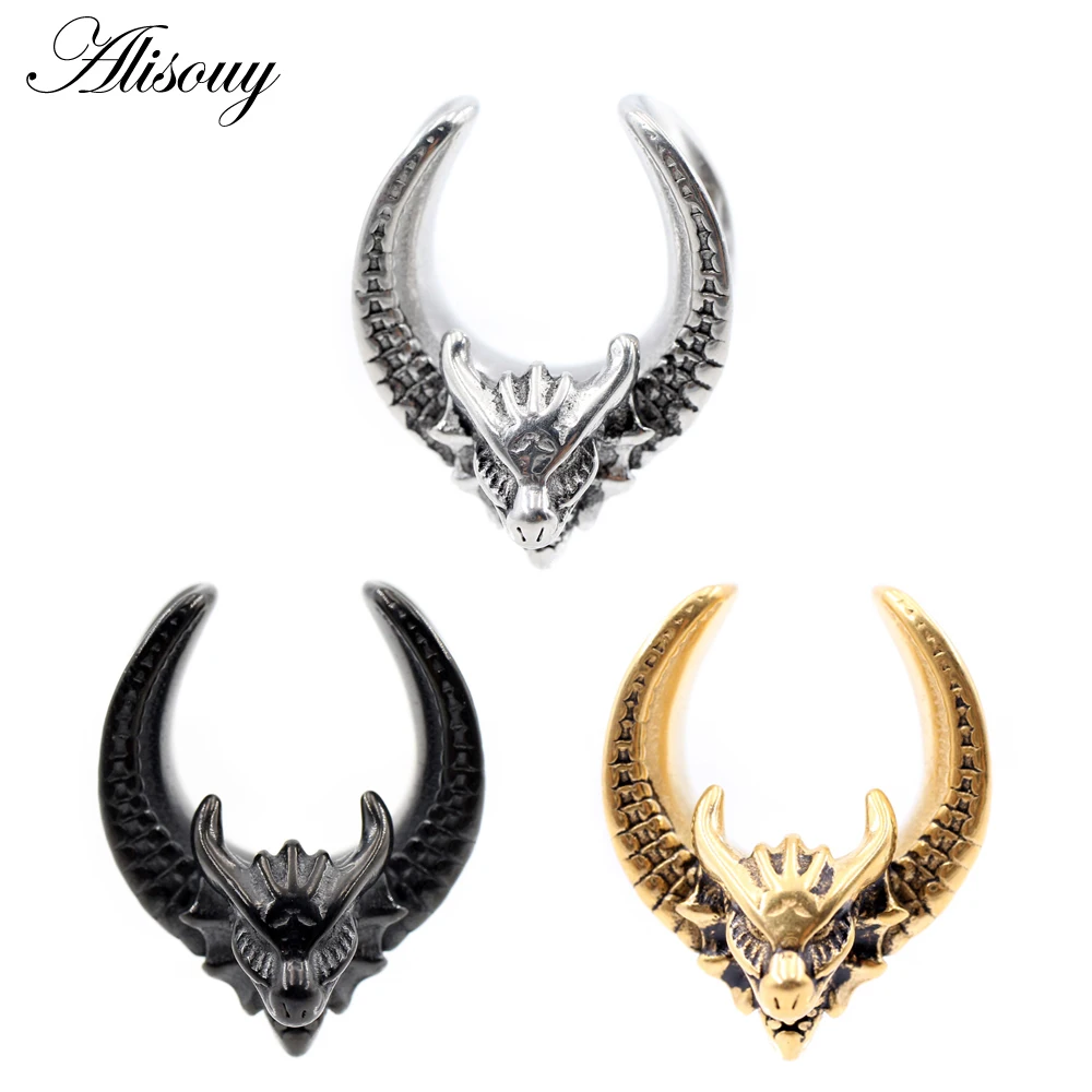 Alisouy 1PC Stainless Steel V-shaped Dragon Head Saddle Ear Tunnel Plug Expander Stretcher Gauges Earrings Piercing Body Jewelry