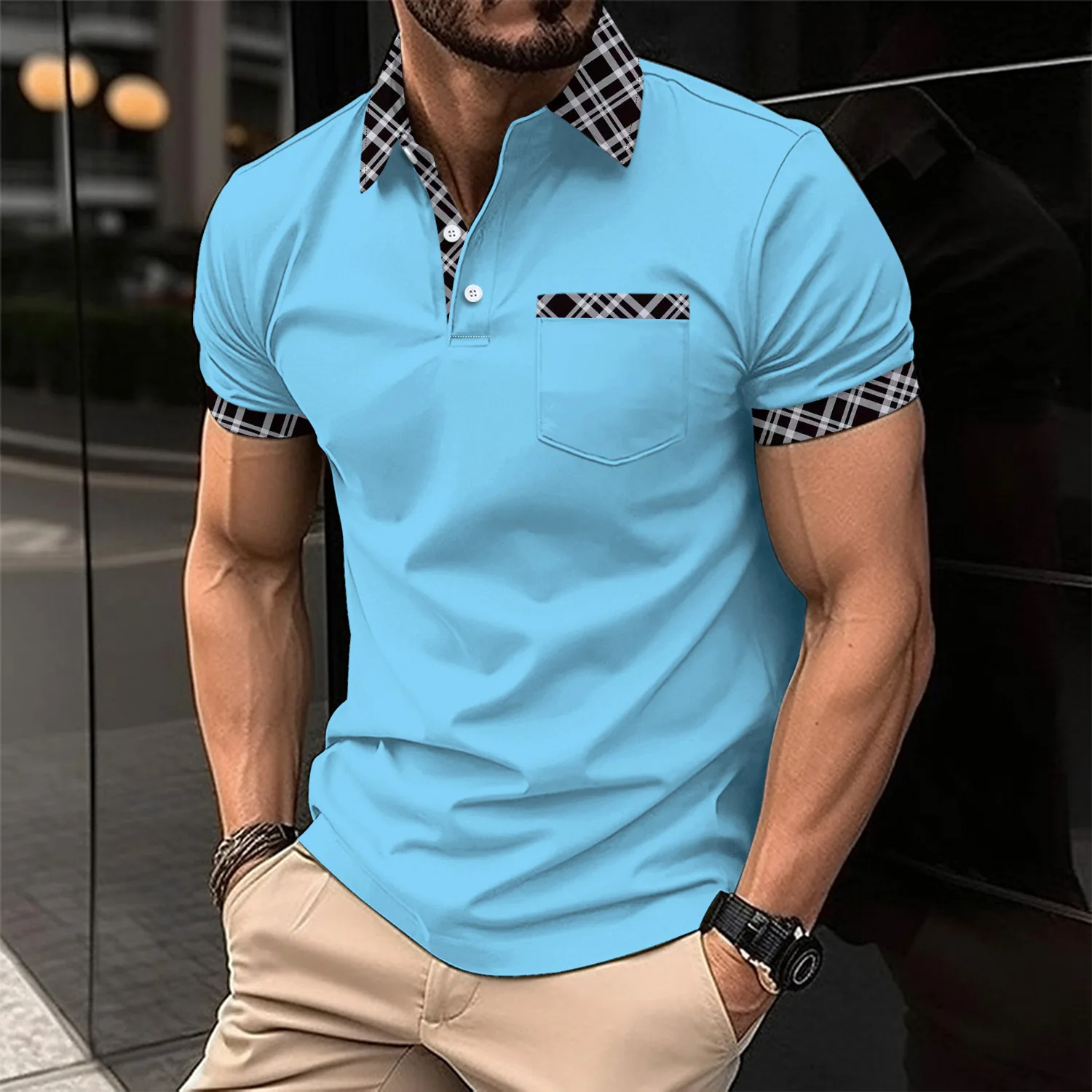 Summer new men's fashion slim and comfortable POLO shirt chest pocket lapel button business color match casual breathable T-shir