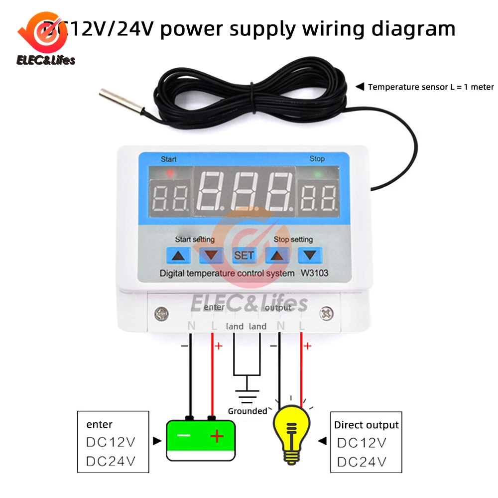 W3103 AC 220V Digital Thermostat 30A Temperature Controller Switch Wall Hanging DC 12V 24V Thermostat Temperature Sensor