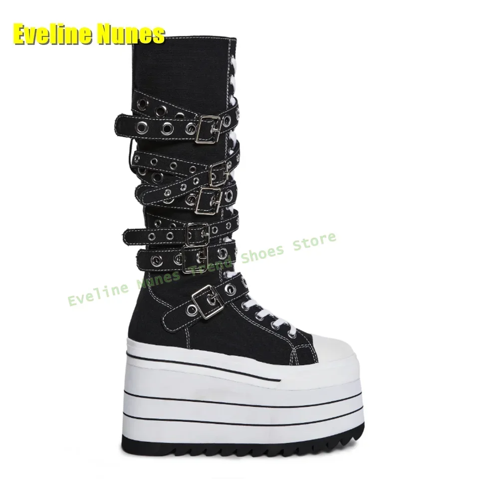 Women Knee High Boots Lace Up Trend Belt Buckle Platform Canvas Fashion Boots Round Toe Thick Sole Height Increasing Cross Tied