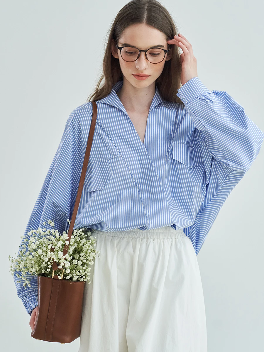 

Loose Fit Striped Cotton irt Women's Long Sve Artistic Sle Casual Wear Breathable Polyester Blend Comfortable irt