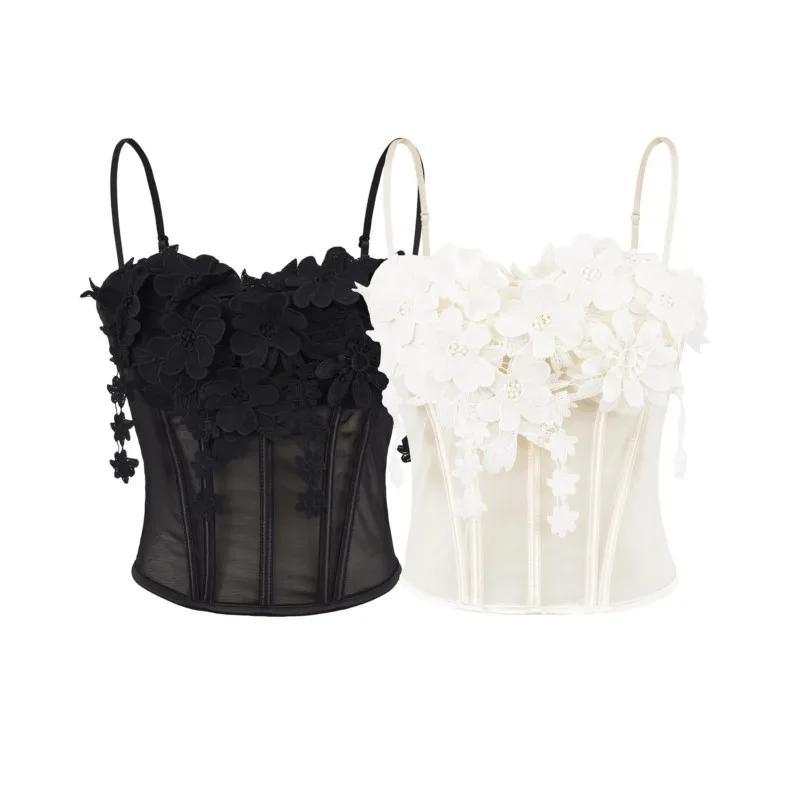 

Fashion French Blusas Tank Vest Top Sexy Camisetas Camis For Woman Slim Flower Three-dimensional Fish Bones Solid Color Clothing