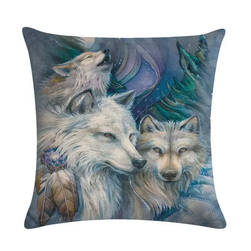 Men's Pillowcase Sofa Decoration Snow Wolf  Northern Forest Night Watchman Colorful Animal Cushion Cover