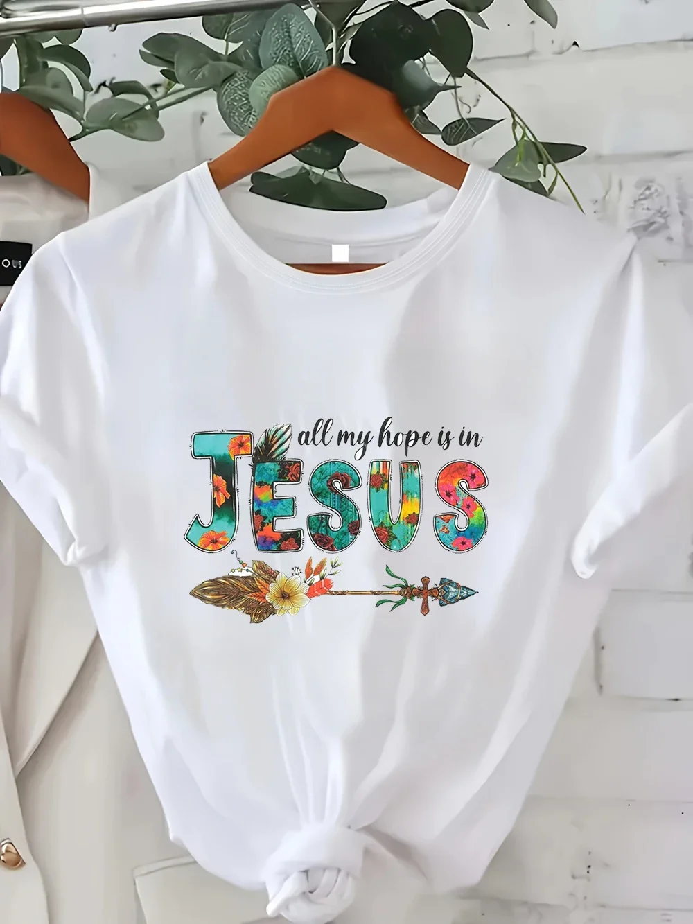 2026 Casual Women Short Sleeve Clothes Tops Jesus Faith Hope Floral Arrow Printed Daily Wear Soft Stylish Basic Solid T-shirt