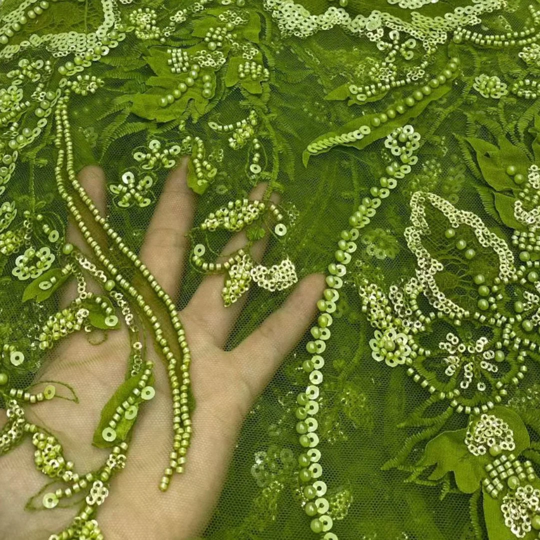 

Luxury African Lace Fabric 5 Yards French Tulle Net Sequins Botanical Embroidery Beaded Lace For Nigerian Bridal Wedding Gown