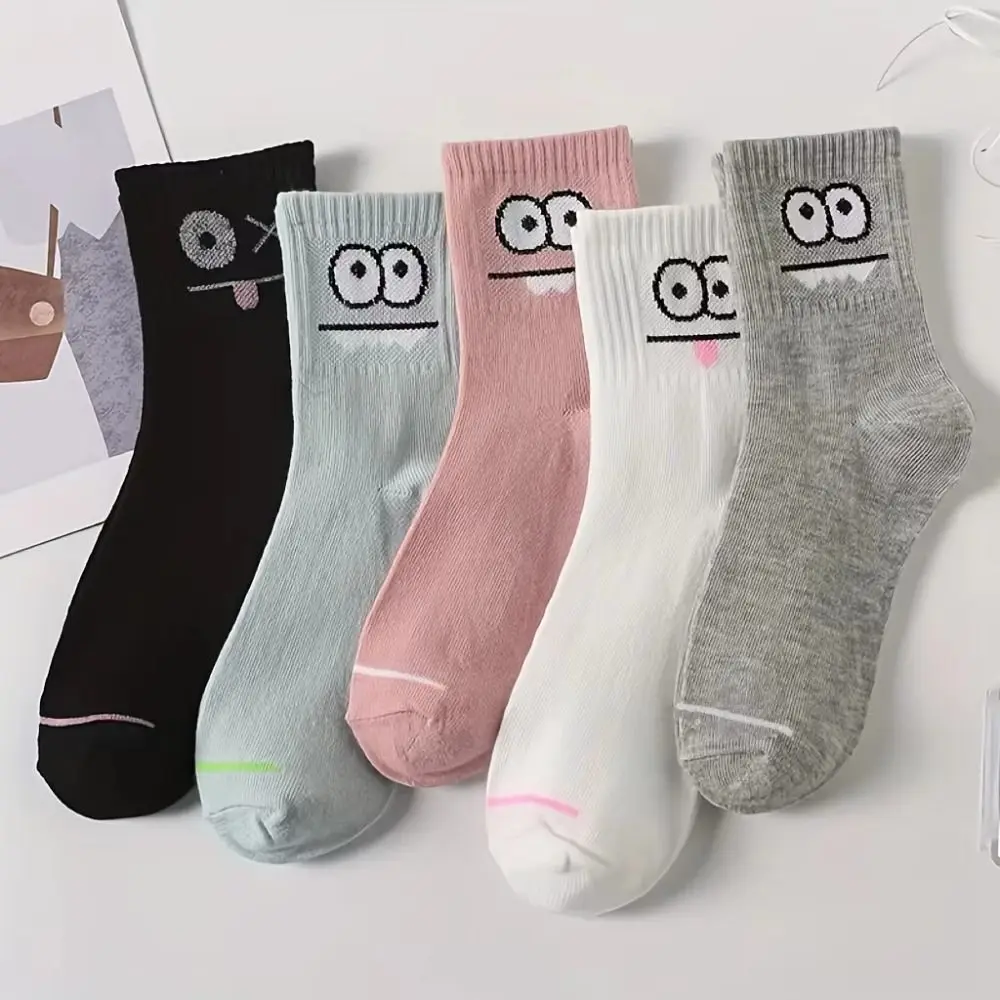 5 Pairs Fashion Expression Printed Couple Socks Embroidery Elasticity Cotton Socks Casual Comfort Middle Tube Socks