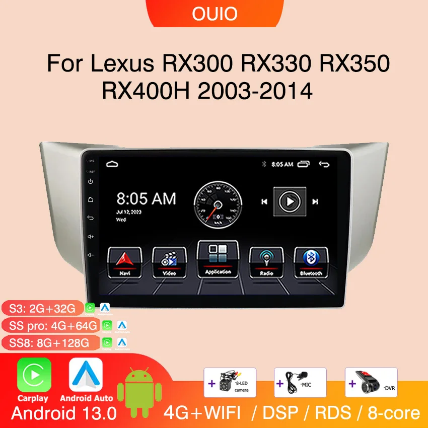 4G Android 13 Radio For Lexus RX300 RX330 RX350 RX400H 2003-2014 Car stereo Multimedia Player Carplay Auto GPS navigation