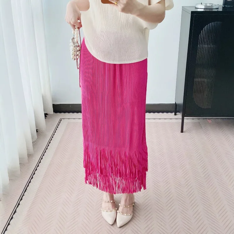 Pleated Tassel Skirt for Women 2026 Autumn Elastic Waist Slimming Mid-Length Elegant Casual Thick Versatile Pleated Skirt Pleat