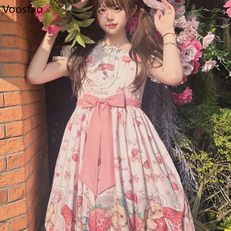 Japanese Sweet Lolita Jsk Dress Strawberry Cartoon Cute Bunny Print Princess Party Dresses Summer Girl Cute Bow Suspenders Dress