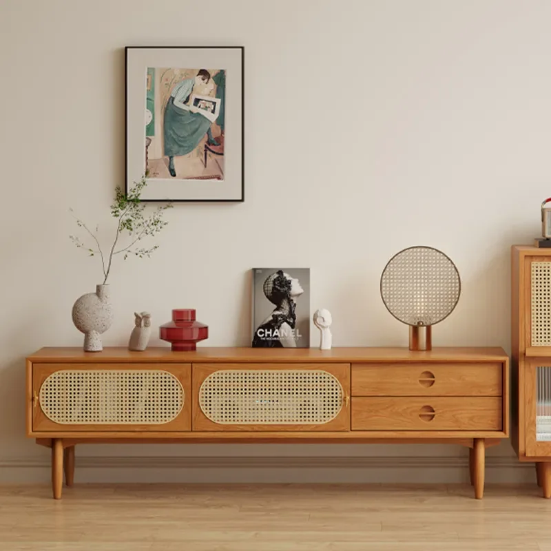 Japanese Style Solid Wood TV Cabinet Living Room Storage Audio Visual Cabinet Multi Functional Rattan Low Cabinet with