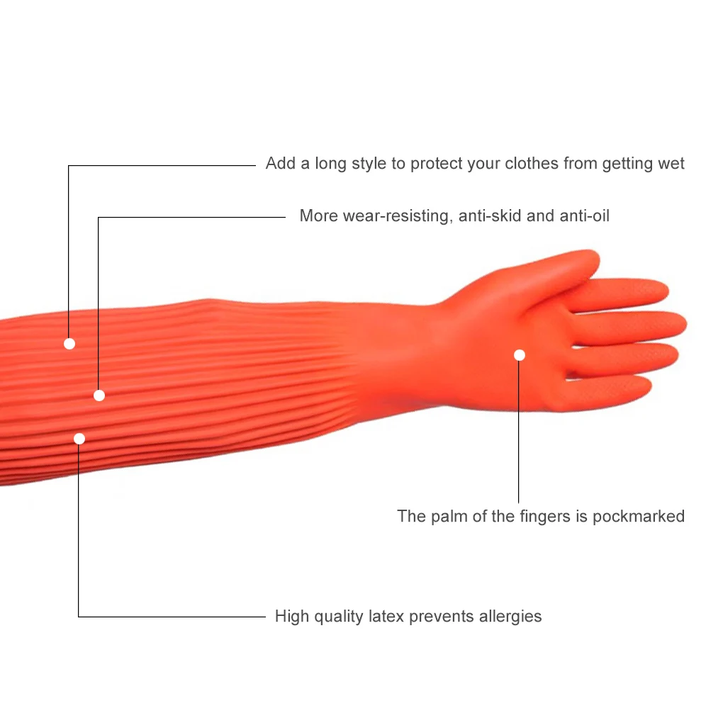 1 Pair Household Long Rubber Gloves Waterproof Cleaning Gardening Non-slip Reusable Washable Industrial Glove Hands Protection