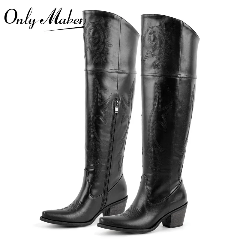 Onlymaker Winter Women  Black Brown Knee High Boots Pointed Toe Chunky Pull On Embroidered Thick Heels Boots Zipper Large Size