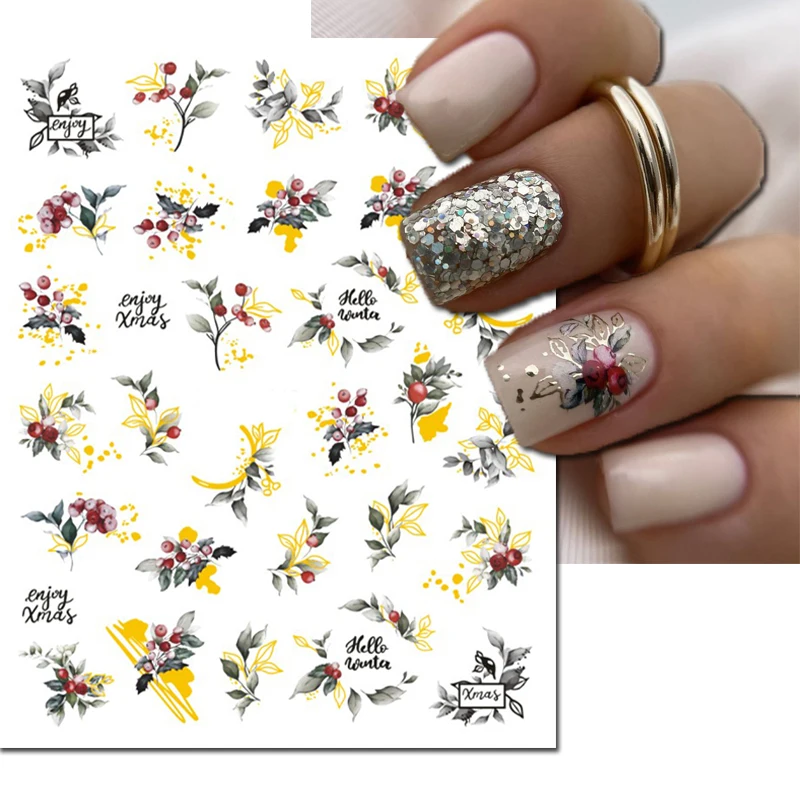 

Nail Decals Retro Feel 3d Gold Winter Xmas Trees Red Fruits Snowflake Adhesive Sliders Nail Stickers For Manicure