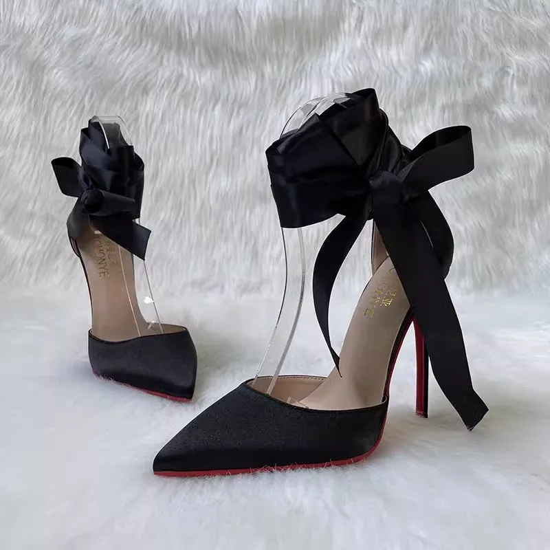 

Spring and summer new pointed hollow silk lace-up single shoes thin high-heeled banquet dress large size small size women sandal