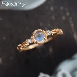 Foxanry Gold Color Moonstone Rings For Women Girls Simple Elegant Temperament Exquisite Romantic Wedding Bride Jewelry Gifts